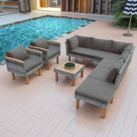 GO 9-Piece Patio Rattan Furniture Set, Outdoor Conversation Set With Acacia Wood Legs and Tabletop, PE Rattan Sectional Sofa Set with Coffee Tabl