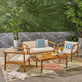 Outdoor 4-Seater Acacia Wood Chat Set with Coffee Table with Cushions, Teak and Beige (Color: as Pic)